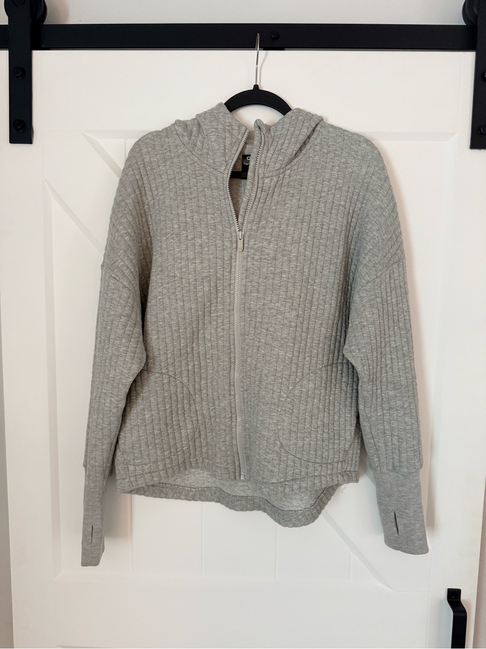 Cozy GAP Ribbed Zip-Front Hoodie Sweater in Light Gray- size Medium